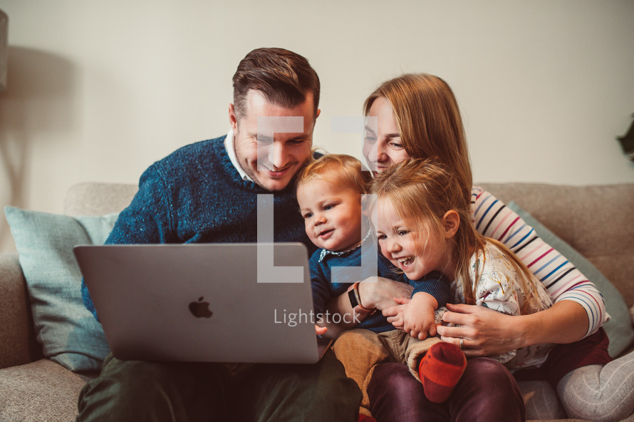 family watching an online worship service 