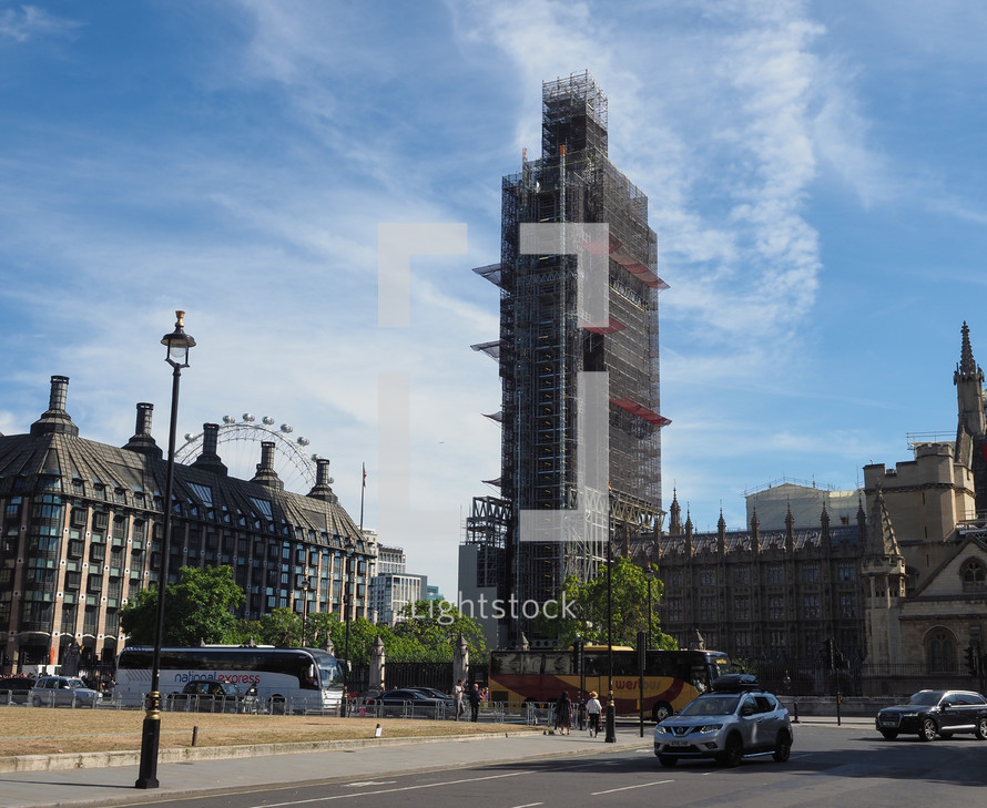 LONDON, UK - CIRCA SEPTEMBER 2019: Big Ben conservation works at the Houses of Parliament aka Westminster Palace