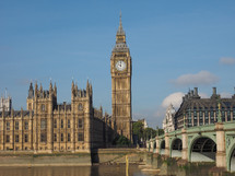 Westminster Bridge over River Thames with Houses of Parliament and Big Ben in London, UK