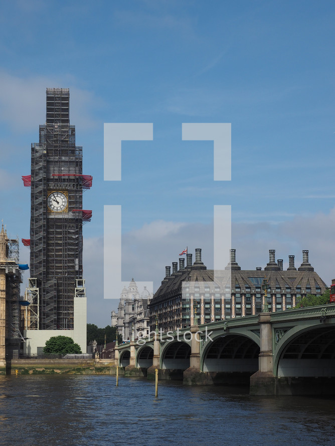 LONDON, UK - CIRCA JUNE 2018: Big Ben conservation works at the Houses of Parliament aka Westminster Palace