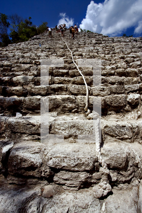 rope on steep stairs of the Coba temple 