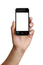 a woman's hand holding a modern smartphone with a blank screen. isolated on white. clipping  paths