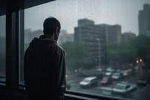 A young man is seen from behind, looking out of a window into the rain