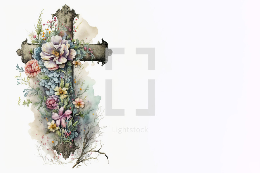 Watercolor Painting of Cross with Spring Flowers with Copy Space