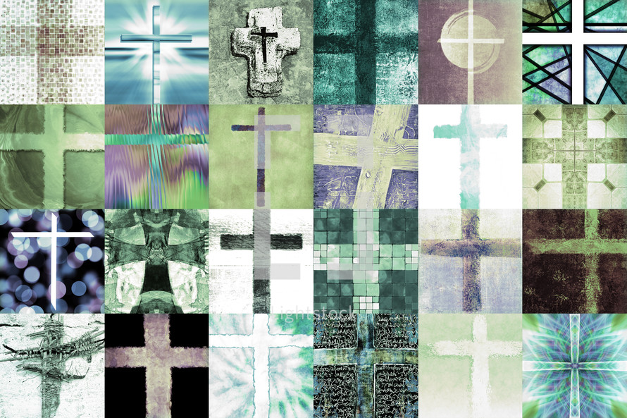 cross paintings grid in turquoise and green