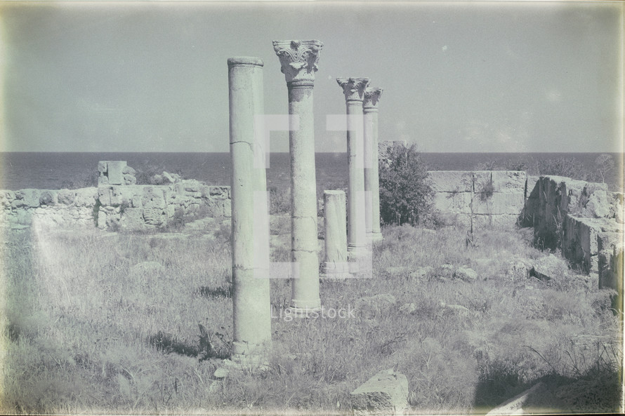 columns at a ruins site alone a shore in Cyprus 