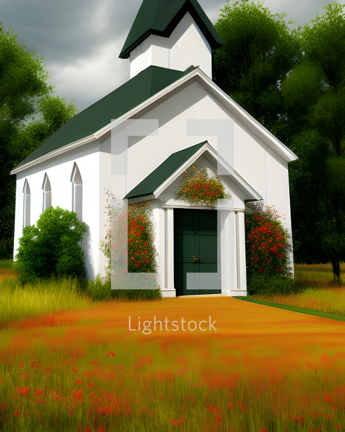 AI illustration of a small church building in a field of flowers