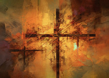Abstract painting of the cross with a sunset background
