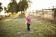 toddler boy walking in a pasture