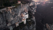 Church inside a mountain aerial view, Madonna Della Corona Italy