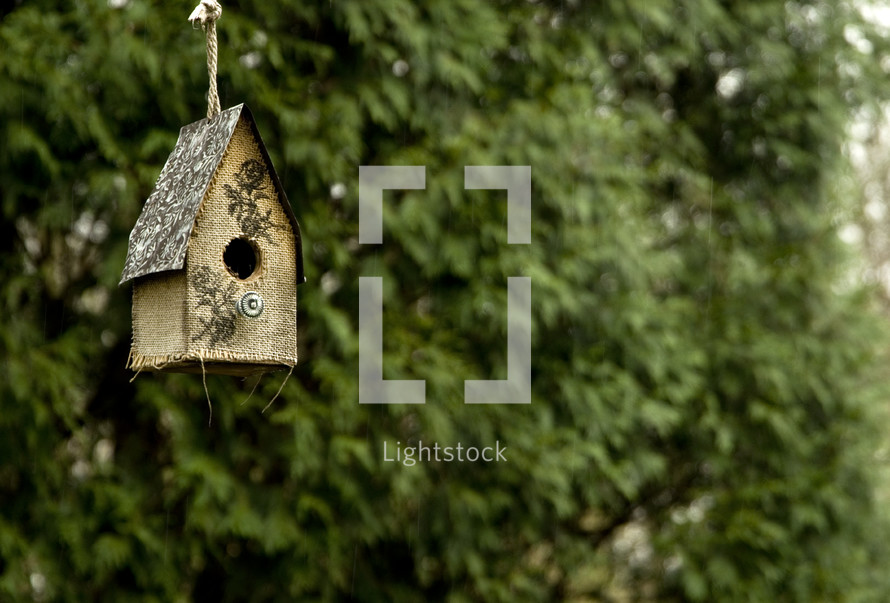 a birdhouse hanging from a tree