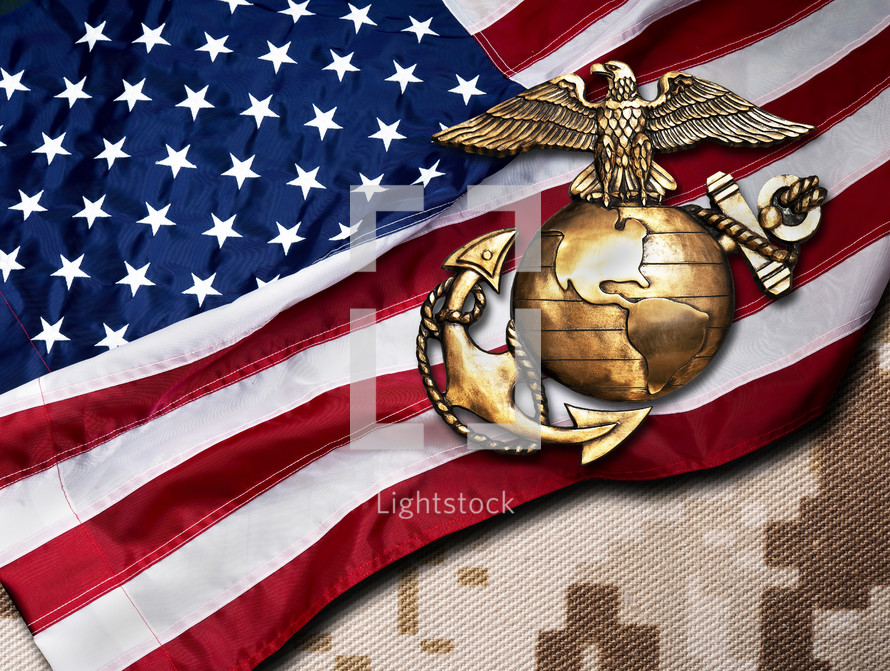 American flag, uniform, and Marine pin 
