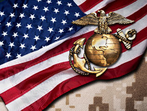 American flag, uniform, and Marine pin 