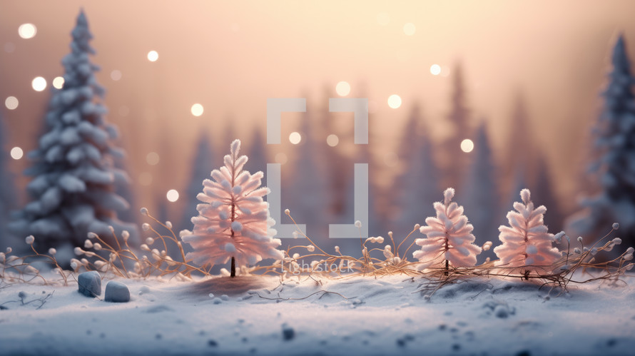 Holiday season background with space for text. Small tiny pink Pinetree trees and lights grow up with the vast forest in the background. Snow is everywhere. 