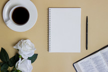 coffee cup, white roses, journal, open Bible 