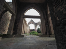 Ruins of St Peter church in Castle Park bombed during World War II and now preserved as a memorial in Bristol, UK