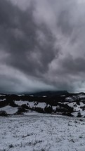 Vertical panorama of Dramatic stormy clouds sky motion fast in winter countryside Timelapse
