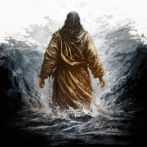 Jesus Christ walking on water in a storm. Power of Faith concept