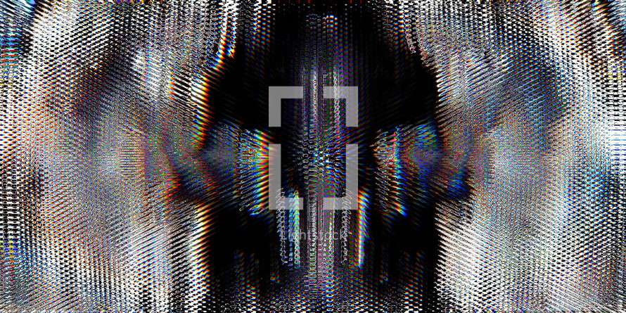 metallic textural glitch effect in black, white, gray with multicolor accents