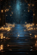 Wooden path in the dark forest with candles. 3D rendering