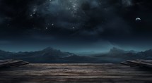 Fantasy landscape with wooden floor and mountains at night. 3d rendering