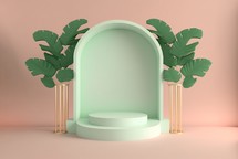 3d leaf podium on soft green background for product scene and presentation