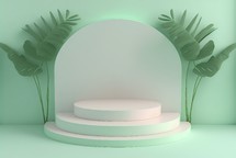 3d leaf podium on soft green background for product showcase and promotion