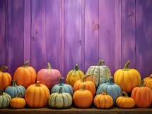 Colorful pumpkins on a wooden shelf against a purple wooden wall