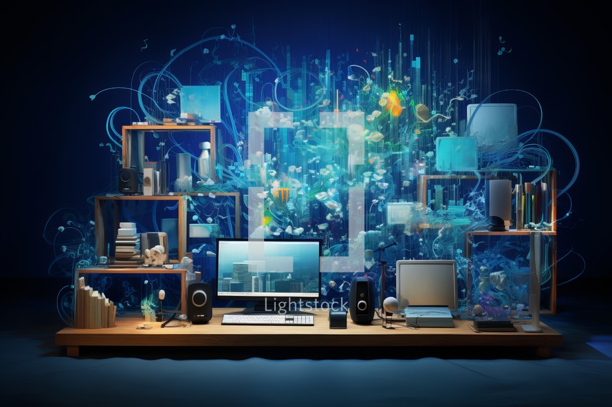 Modern digital devices and technology concept on blue background. 3D rendering