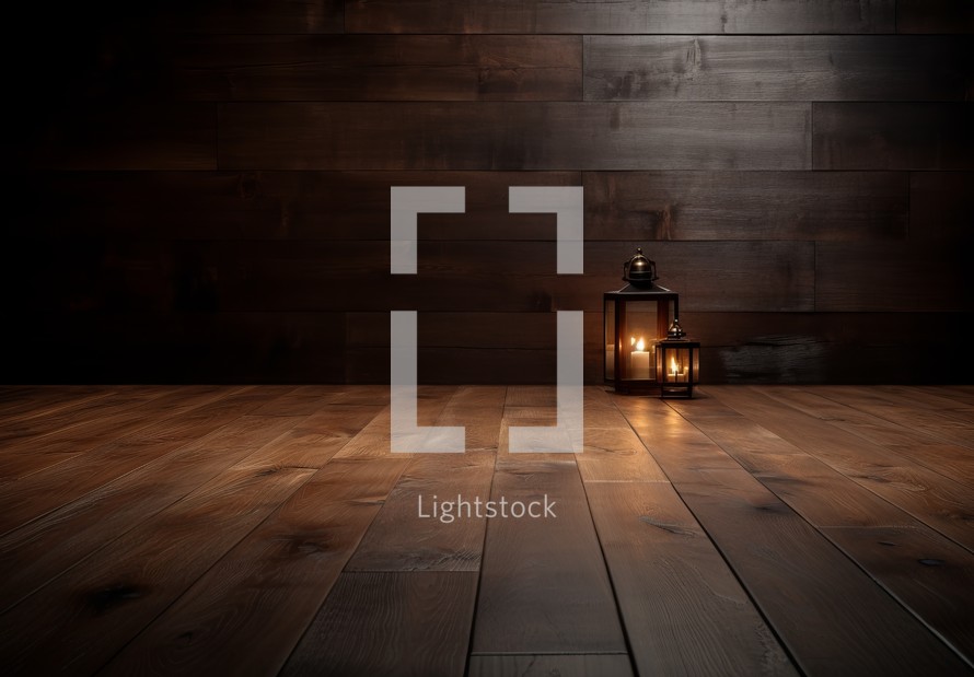 Lantern on the wooden floor with copy space for your text