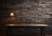 Wooden table and lamp on stone wall background. Mock up, 3D Rendering