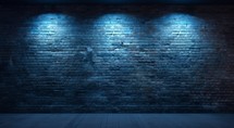 3D rendering of an illuminated brick wall with blue spotlights.