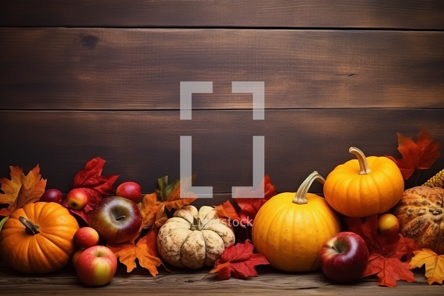 Autumn still life with pumpkins, apples and leaves on wooden background