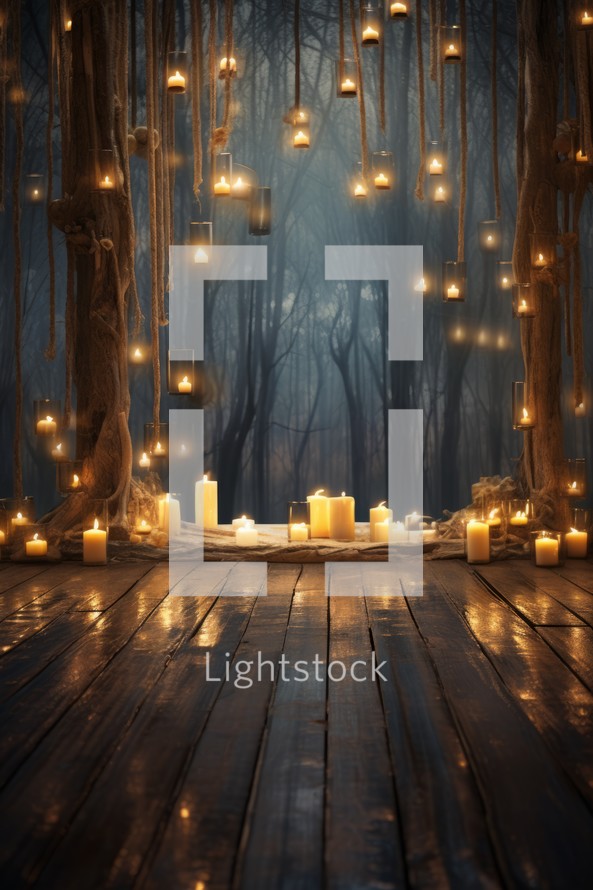 Wooden floor in the forest with candles and garlands. Halloween background