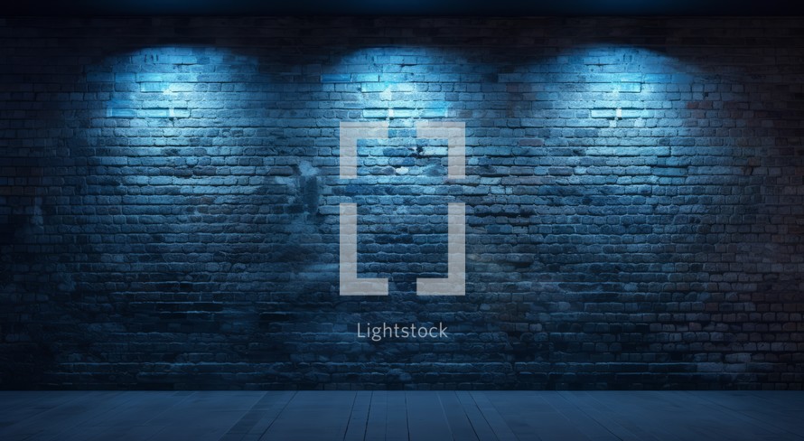 3D rendering of an illuminated brick wall with blue spotlights.