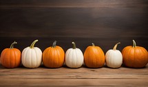 Autumn pumpkins on wooden background with copy space. Halloween concept