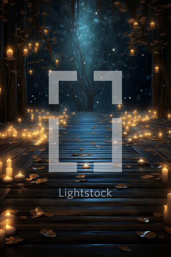 Wooden path in the dark forest with candles. 3D rendering