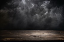 Wooden table and smoke on black background. Mock up for design