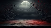 Halloween background with empty wooden table and full moon. 3D rendering