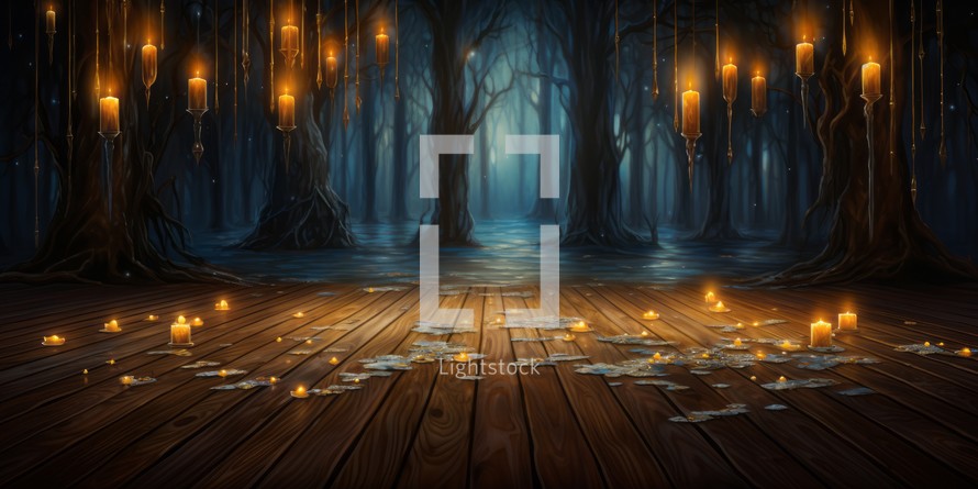 Wooden floor in the dark forest with candles. 3d rendering