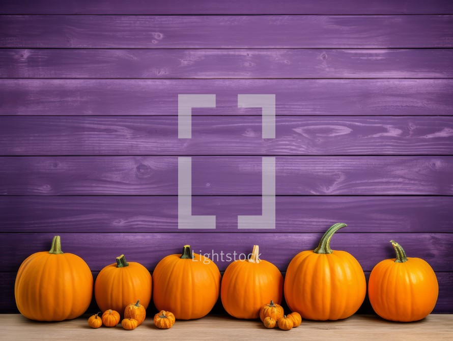 Pumpkins on wooden table and purple wooden wall. Space for text