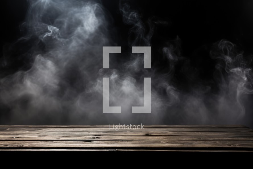 Empty wooden table with smoke on black background. Ready for product display montage
