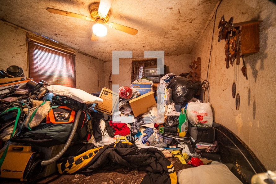 Hoarder's home, piles of things, messy consumerism. 