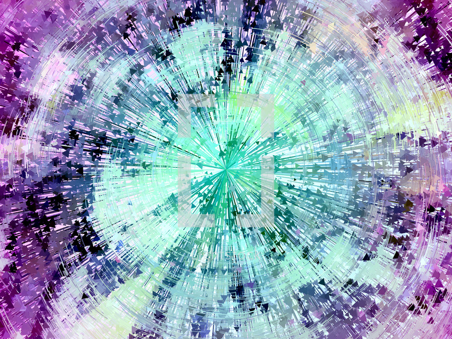 green, purple and blue radiating design bursts from the center