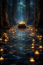 Candles in the dark forest, 3d rendering. Computer digital drawing.