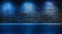3d rendering of empty room with brick wall and blue spotlights