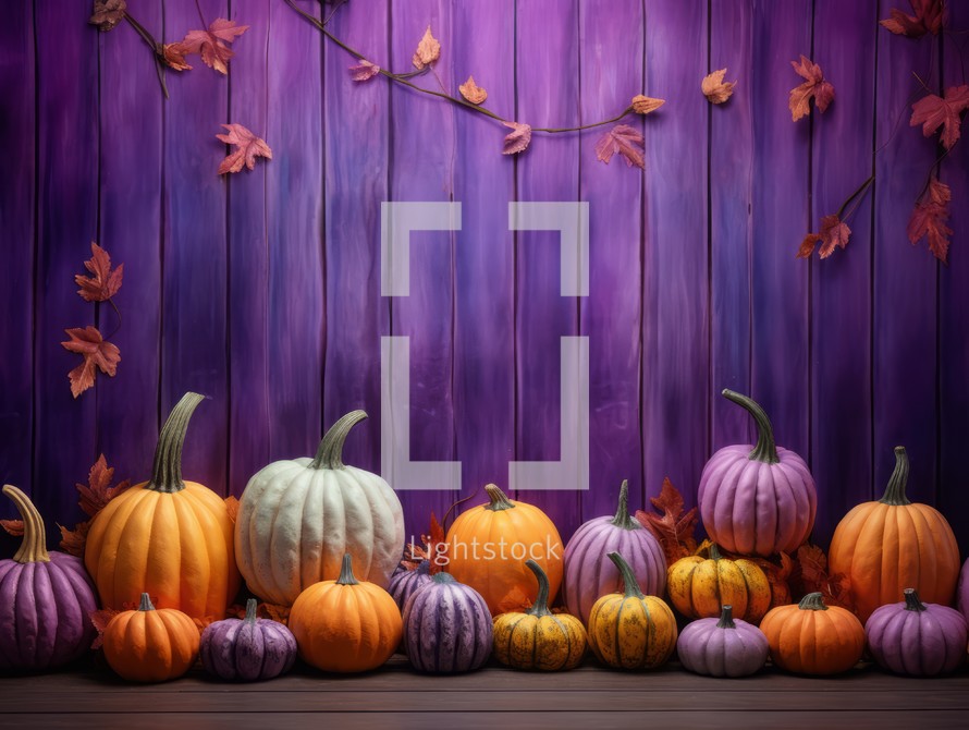 Colorful pumpkins and autumn leaves on wooden background. Halloween concept