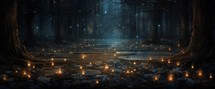 Mysterious dark forest with glowing candles. 3D Rendering