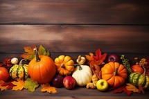 Autumn background with pumpkins and leaves on wooden background. Thanksgiving day