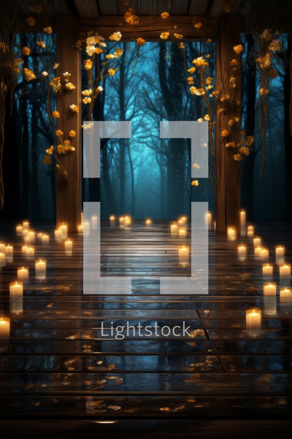 Wooden corridor with burning candles in the dark forest. Halloween concept
